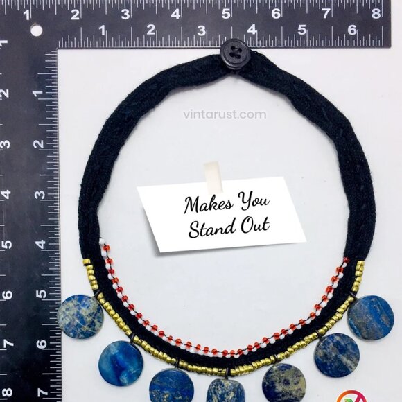 Tribal Choker Necklace With Dangling Lapis Lazuli Stones, Vintage Lapis Stone - Picture 8 of 10